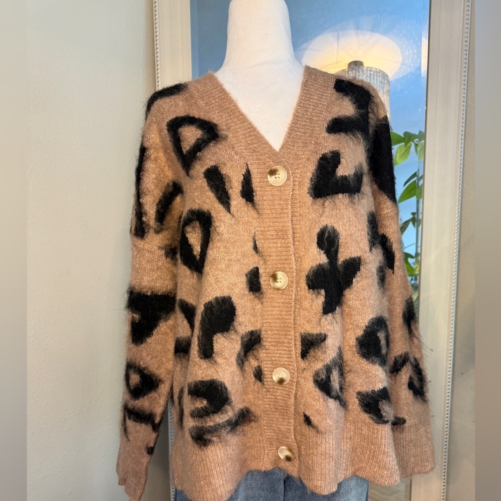 BiBi Tan and Black Fuzzy Leopard-Print Cardigan